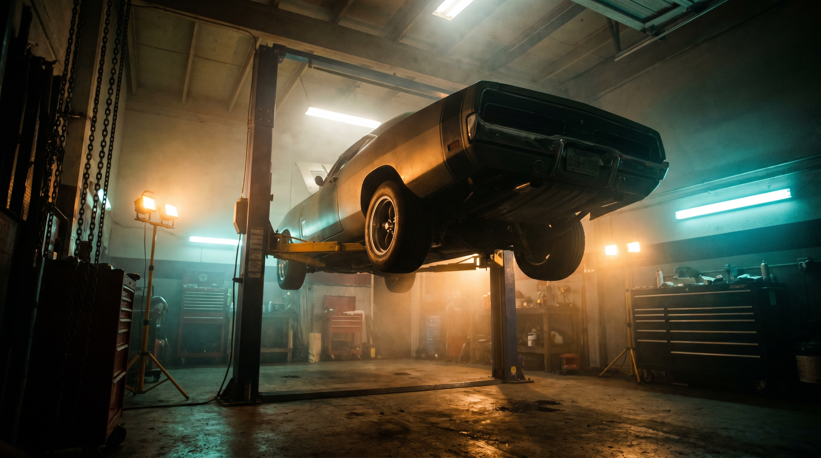 A classic muscle car raised on a hydraulic lift inside the 2ShyAuto garage bay