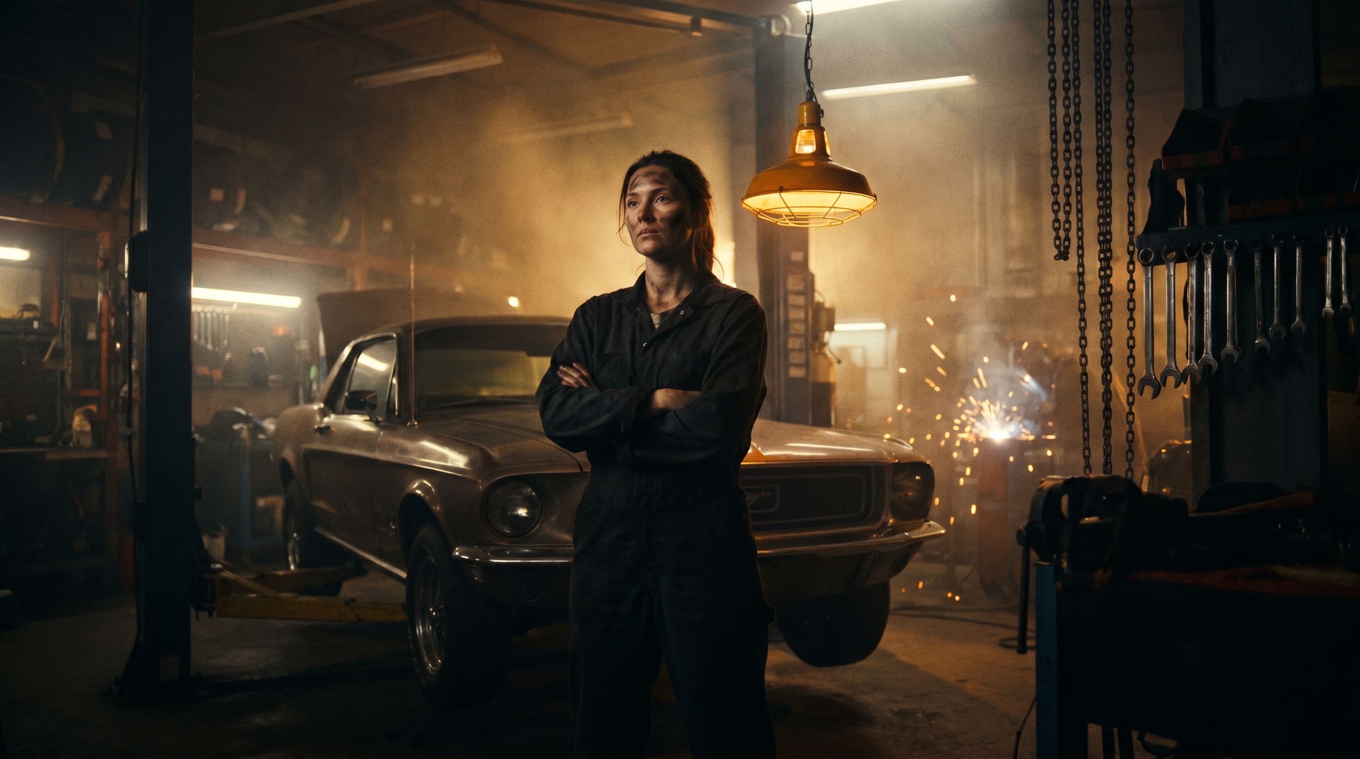 A confident mechanic standing beside a classic muscle car in a dimly lit garage, illuminated by amber work lights