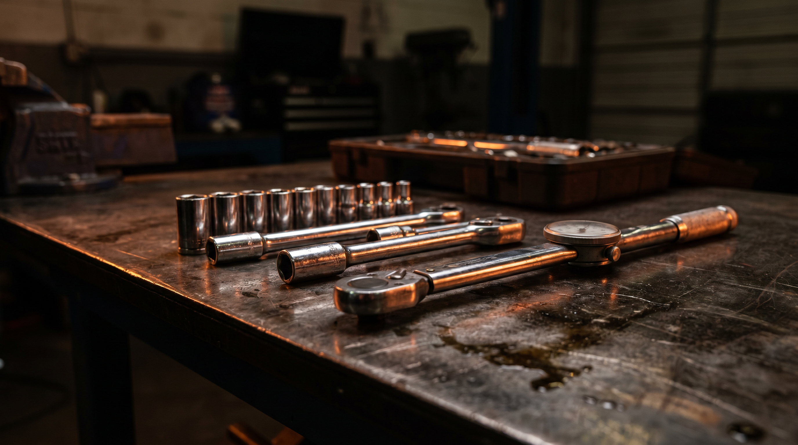 Chrome socket wrench set laid out on a worn steel workbench under amber shop lighting